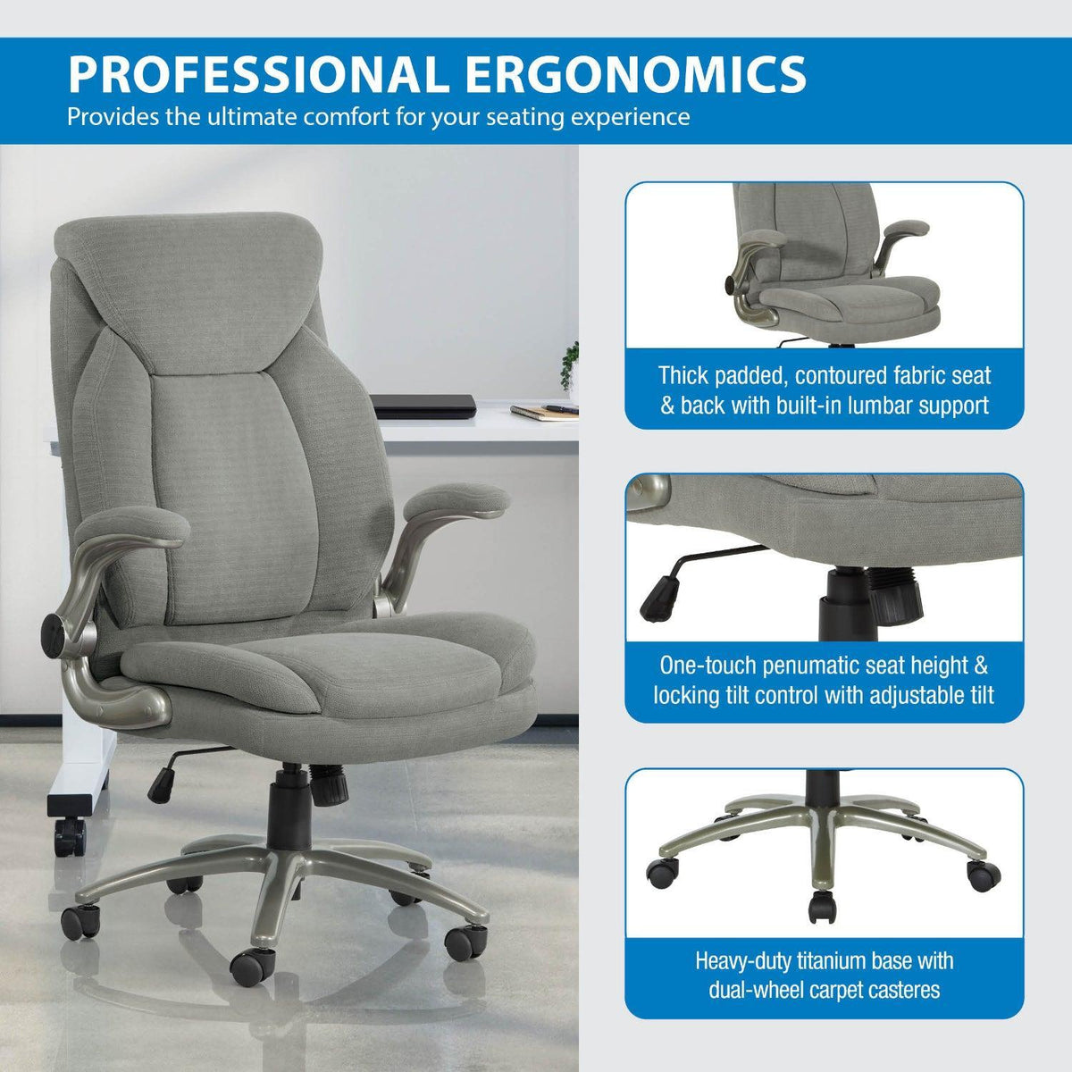 Big & Tall Executive Charcoal Fabric Chair with Padded Flip Arms and Titanium Base, Charcoal Fabric
