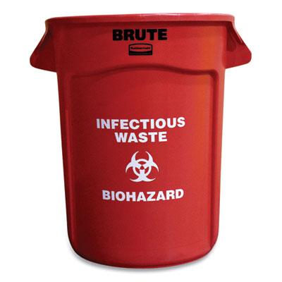 Rubbermaid Vented Round Brute Waste Container, "Infectious Waste: Biohazard" Imprint, 32 Gallon, Red
