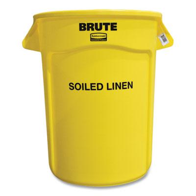 Rubbermaid Vented Round Brute Waste Container, "Soiled Linen" Imprint, 32 Gallon, Yellow