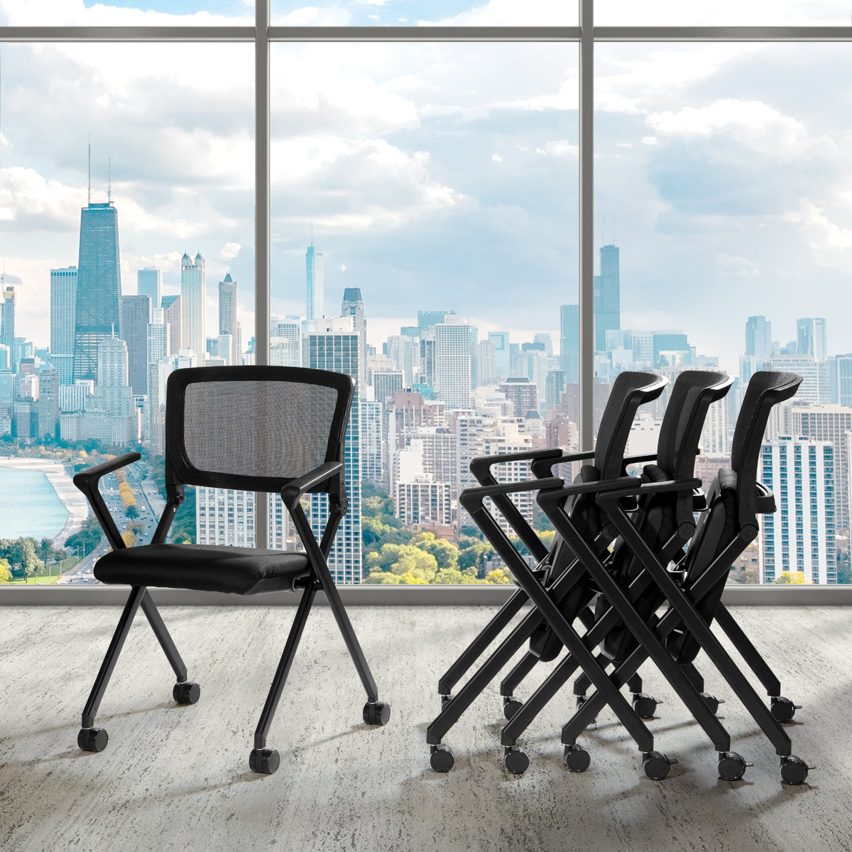 FlexBack Nesting Chair with Breathable Mesh Back and Black Fabric Seat in Black EPD Finish Frame, 2-Pack