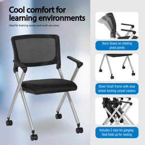 FlexBack Nesting Chair with Breathable Mesh Back and Black Fabric Seat in Silver EPD Finish Frame, 2-Pack