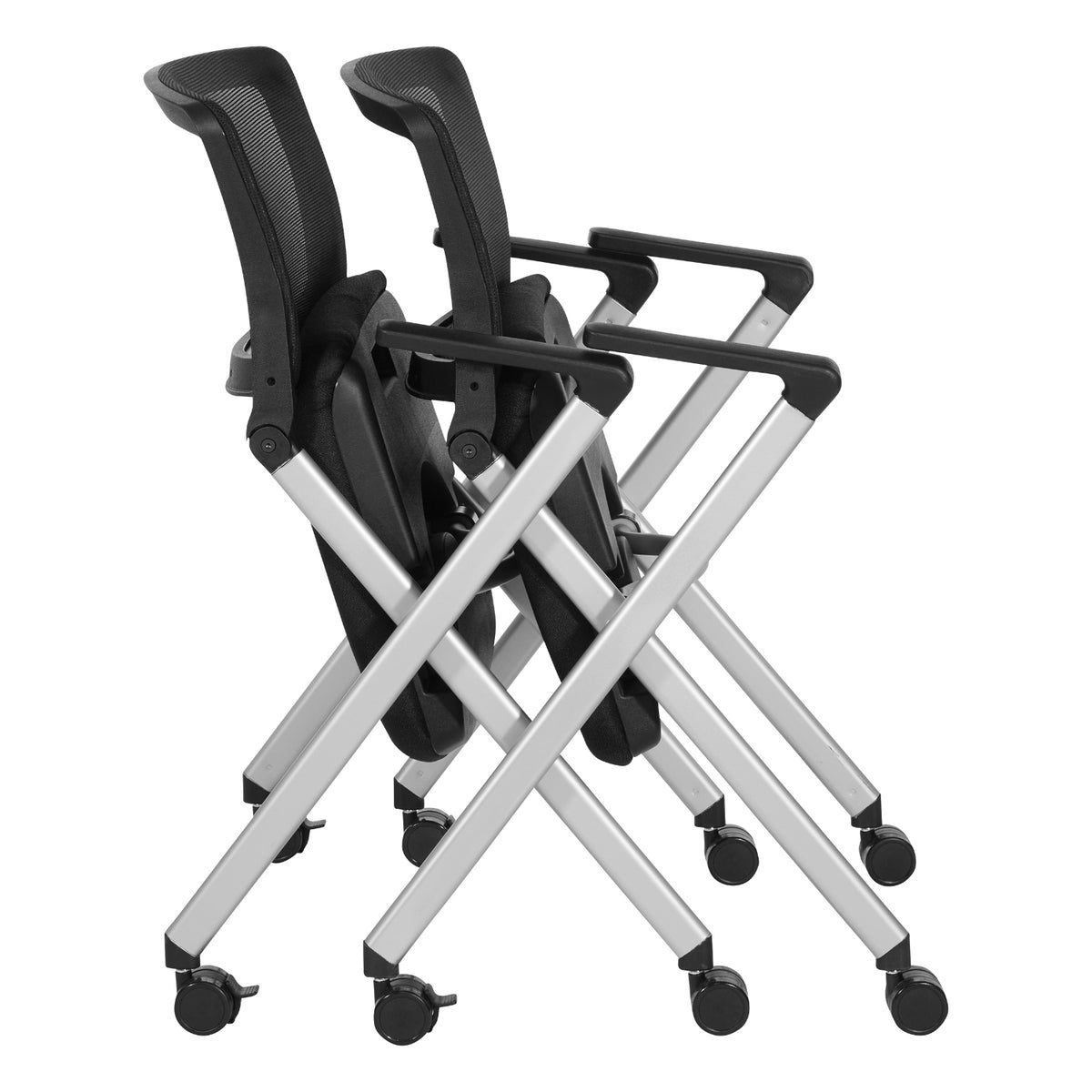 FlexBack Nesting Chair with Breathable Mesh Back and Black Fabric Seat in Silver EPD Finish Frame, 2-Pack