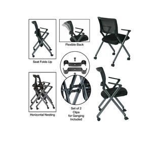FlexBack Nesting Chair with Breathable Mesh Back and Black Fabric Seat in Titanium EPD Finish Frame, 2-Pack