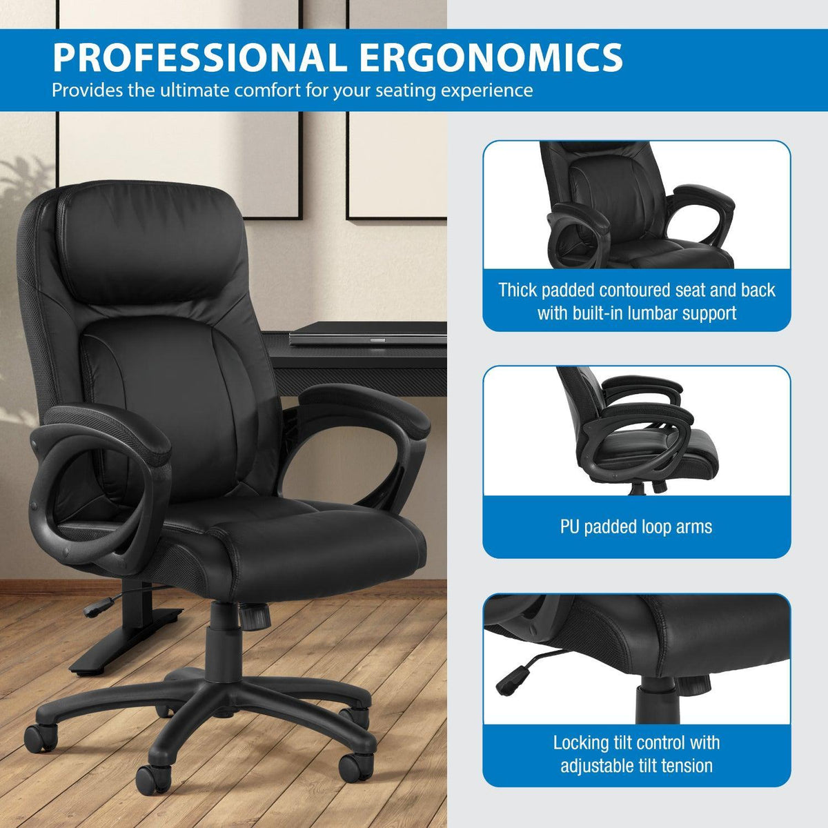 Faux Leather Manager’s Chair with Padded Arms and Black Nylon Base