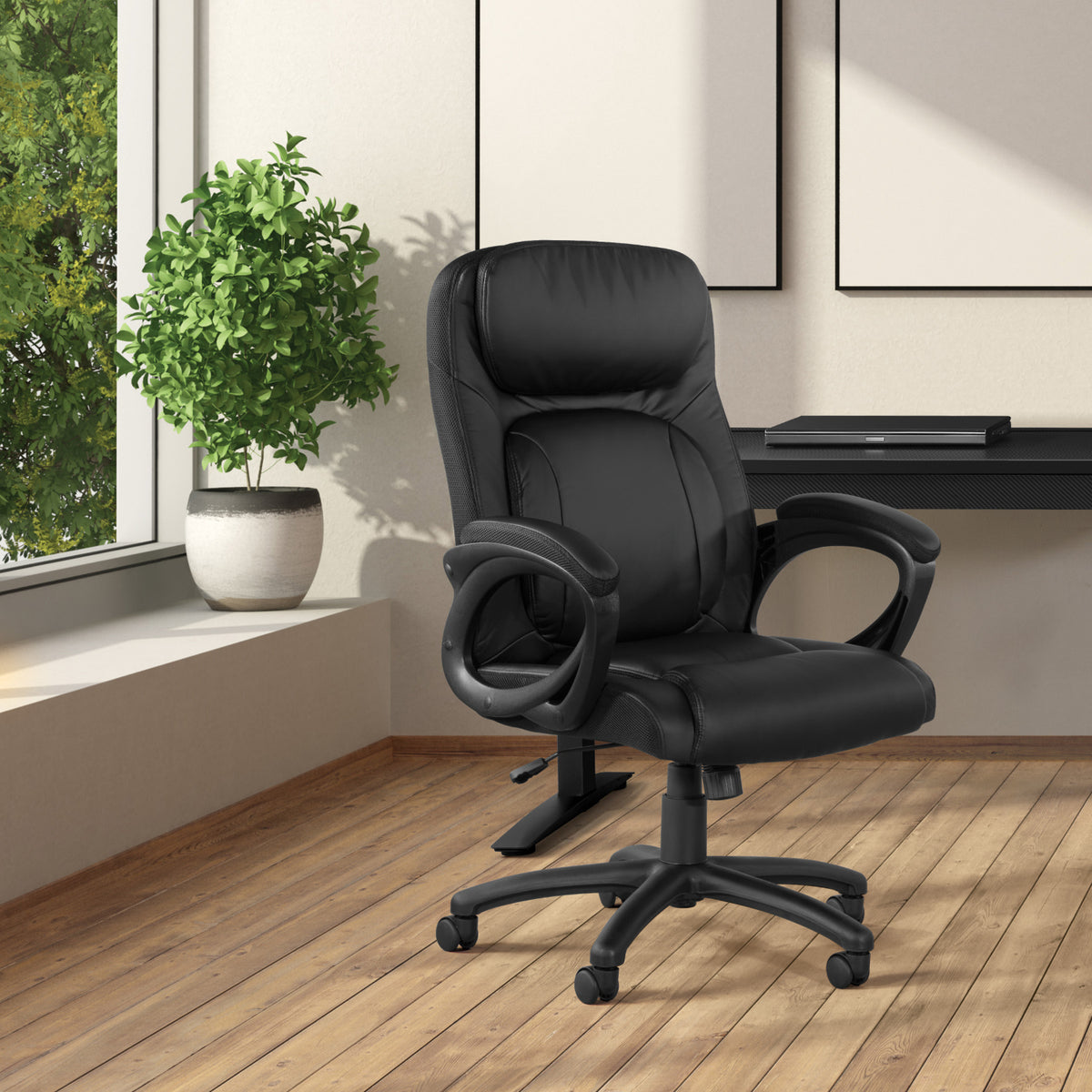Faux Leather Manager’s Chair with Padded Arms and Black Nylon Base