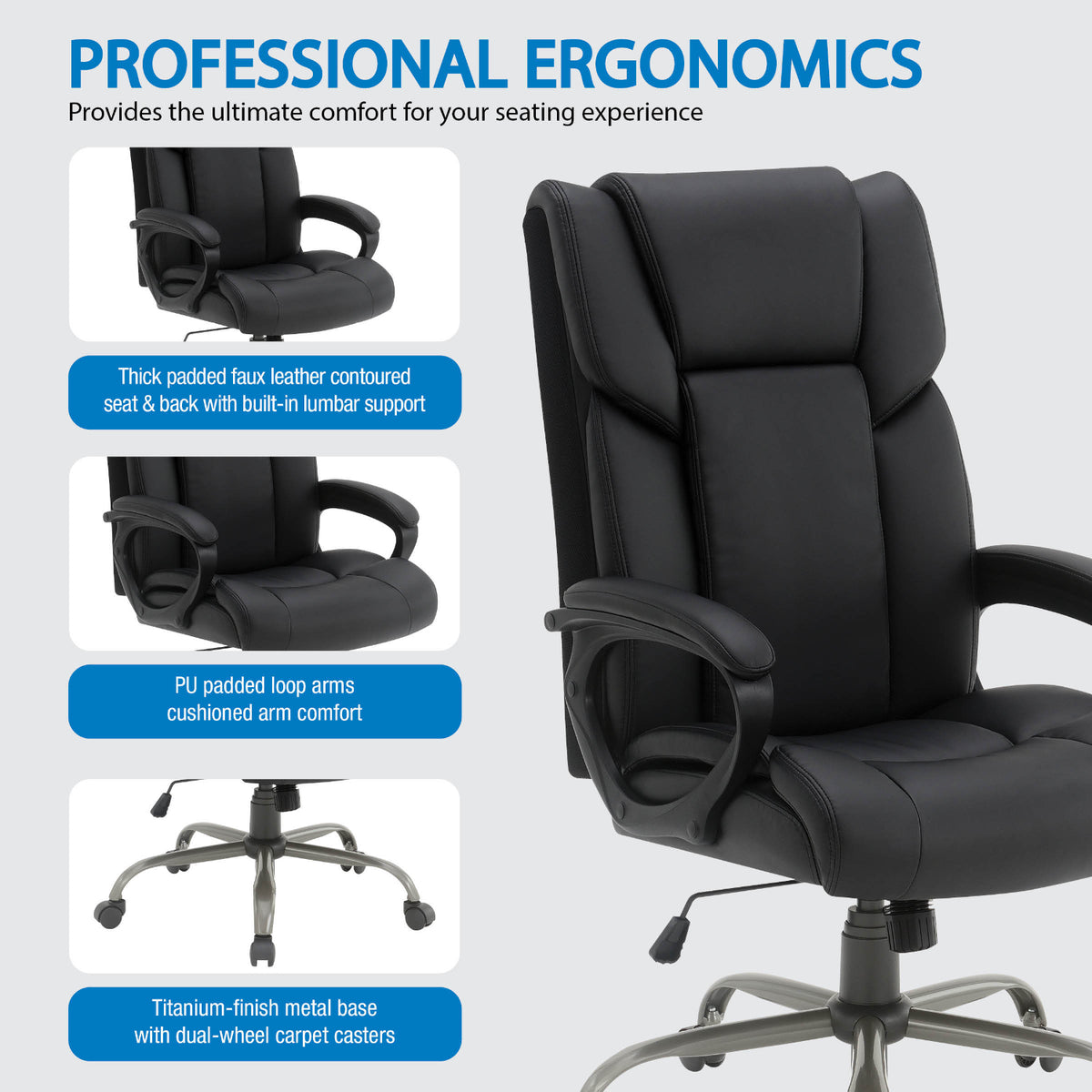 High-Back Faux Leather Executive Chair with Padded Arms and Titanium Metal Base
