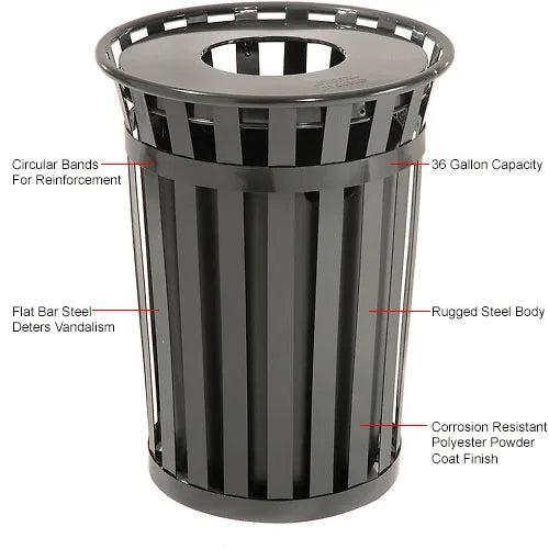 Global Industrial Outdoor Slatted Steel Receptacle, 36 Gallon Capacity, 28" x 36", Flat Lid