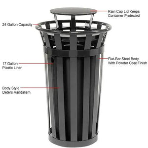 Global Industrial Outdoor Slatted Steel Receptacle, 24 Gallon Capacity, 23" x 41-3/4", Rain Cap Lid