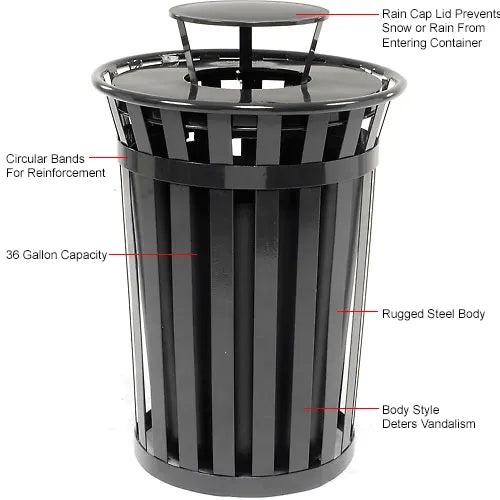 Global Industrial Outdoor Slatted Steel Receptacle, 36 Gallon Capacity, 28" x 41-3/4", Rain Cap Lid