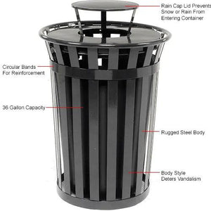 Global Industrial Outdoor Slatted Steel Receptacle, 36 Gallon Capacity, 28" x 41-3/4", Rain Cap Lid