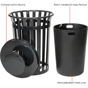 Global Industrial Outdoor Slatted Steel Receptacle, 36 Gallon Capacity, 28" x 41-3/4", Rain Cap Lid