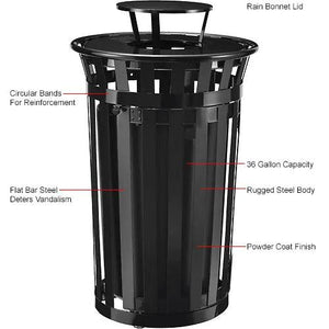 Global Industrial Outdoor Slatted Steel Receptacle with Access Door, 36 Gallon Capacity, 28" x 47-3/4", Rain Cap Lid