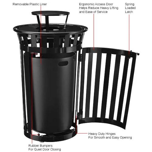 Global Industrial Outdoor Slatted Steel Receptacle with Access Door, 36 Gallon Capacity, 28" x 47-3/4", Rain Cap Lid
