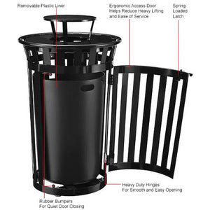 Global Industrial Outdoor Slatted Steel Receptacle with Access Door, 36 Gallon Capacity, 28" x 47-3/4", Rain Cap Lid