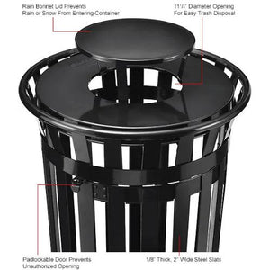 Global Industrial Outdoor Slatted Steel Receptacle with Access Door, 36 Gallon Capacity, 28" x 47-3/4", Rain Cap Lid