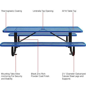 Global Industrial Thermoplastic Coated Metal Rectangular Picnic Table, 96" x 30", Expanded Metal