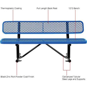 Global Industrial Thermoplastic Coated Metal Bench with Backrest, 72", Expanded Metal