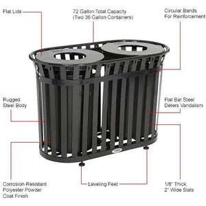 Global Industrial Outdoor Slatted Steel Receptacle, Black, 72 Gallon Capacity, 54-1/2" x 36", Flat Lid