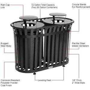 Global Industrial Outdoor Slatted Steel Receptacle, Black, 72 Gallon Capacity, 54-1/2" x 41-3/4", Rain Cap Lid