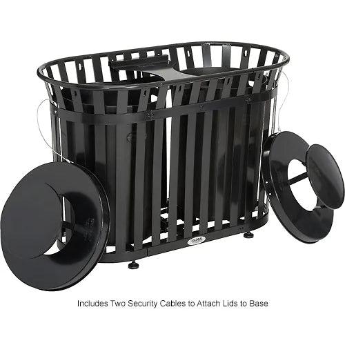 Global Industrial Outdoor Slatted Steel Receptacle, Black, 72 Gallon Capacity, 54-1/2" x 41-3/4", Rain Cap Lid