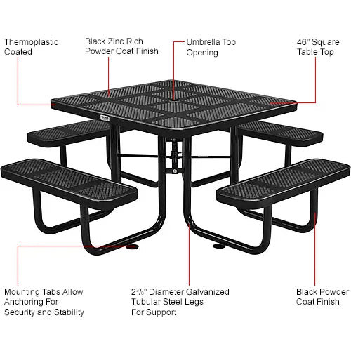 Global Industrial Thermoplastic Coated Metal 46" Square Picnic Table, Perforated Metal