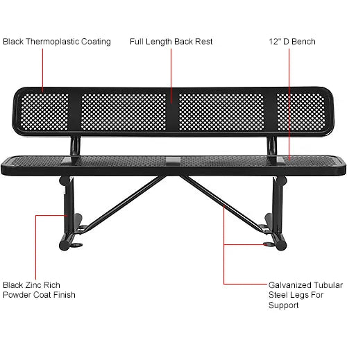 Global Industrial Thermoplastic Coated Metal Bench with Backrest, 6', Perforated Metal