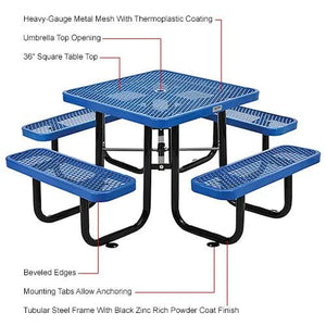 Global Industrial Thermoplastic Coated Metal Square Picnic Table, 36", Expanded Metal