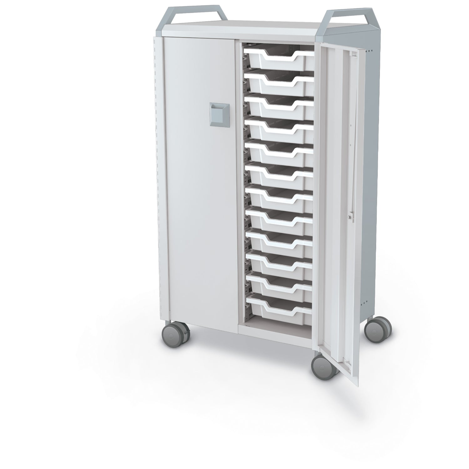 Compass Midi H3 Mobile Makerspace Tray Cabinet with Doors and Handles, (24) 3" Trays