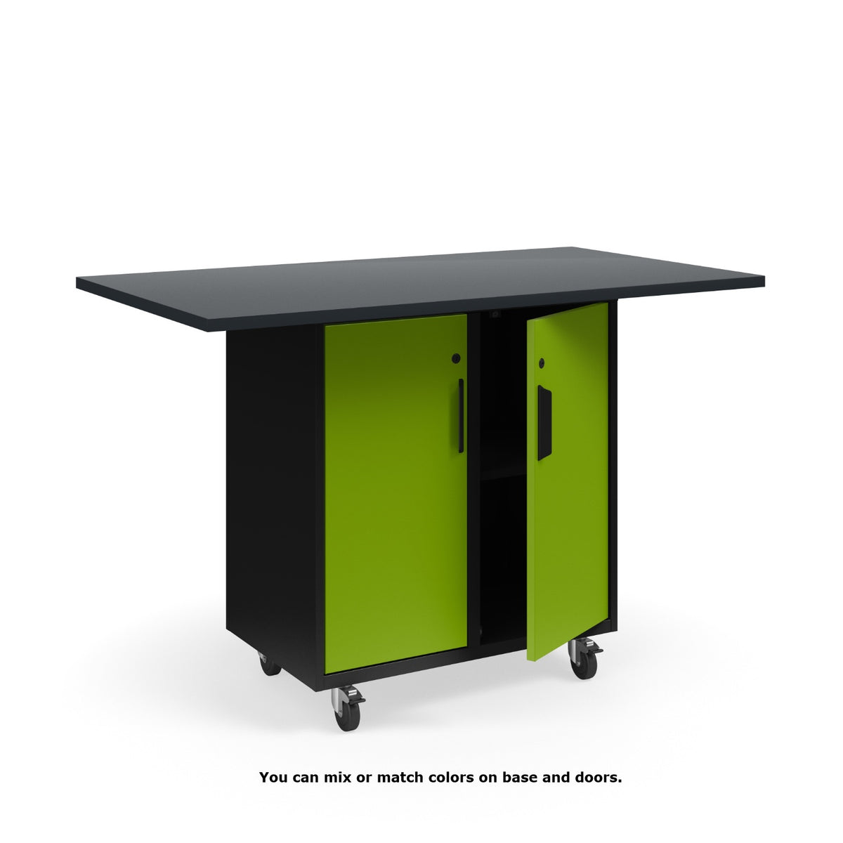 KI Ruckus Mobile Worktable, Single-Faced 2x2 Cubby Storage with Doors, 54" W x 30" D, 1" Black Phenolic Resin Top, FREE SHIPPING