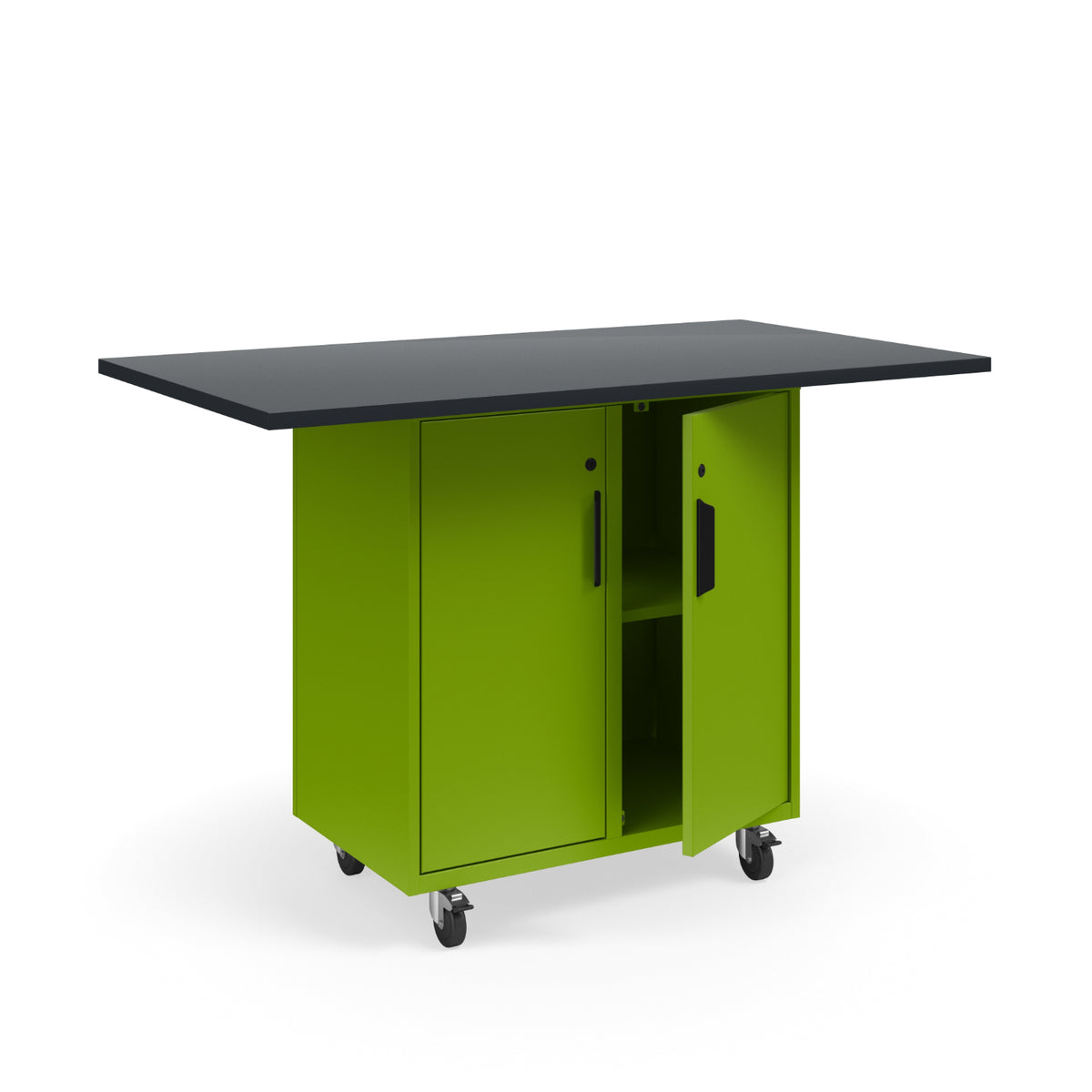 KI Ruckus Mobile Worktable, Single-Faced 2x2 Cubby Storage with Doors, 54" W x 30" D, 1" Black Phenolic Resin Top, FREE SHIPPING