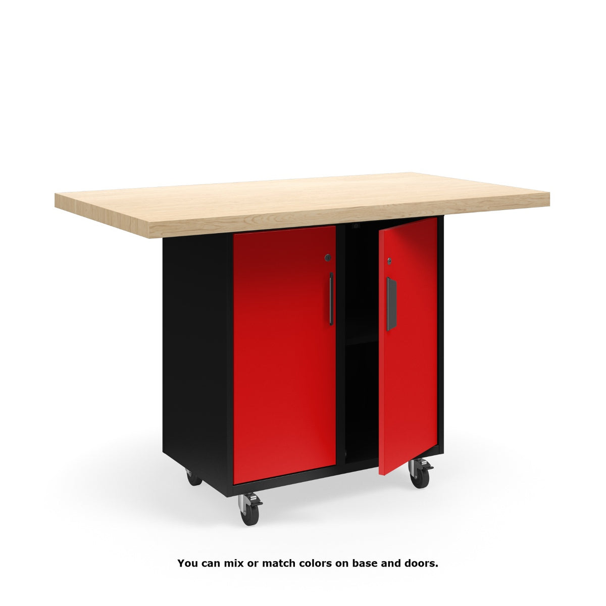 KI Ruckus Mobile Worktable, Single-Faced 2x2 Cubby Storage with Doors, 54" W x 30" D, 1-3/4" Maple Butcher Block Wood Top, FREE SHIPPING