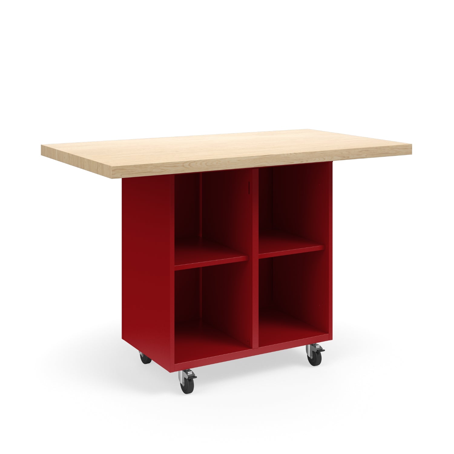 KI Ruckus Mobile Worktable, Single-Faced 2x2 Open Cubby Storage, 54" W x 30" D, 1-3/4" Maple Butcher Block Wood Top, FREE SHIPPING