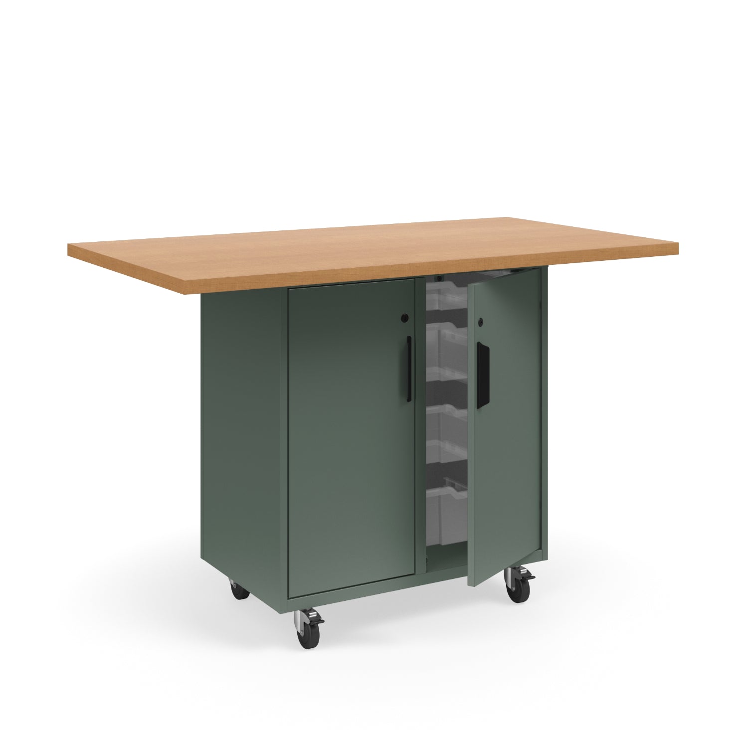 KI Ruckus Mobile Worktable, Single-Faced Tote Storage with Doors, 54" W x 30" D, (6) 6" & (2) 3" Totes, 1-1/4" Laminate Top, FREE SHIPPING