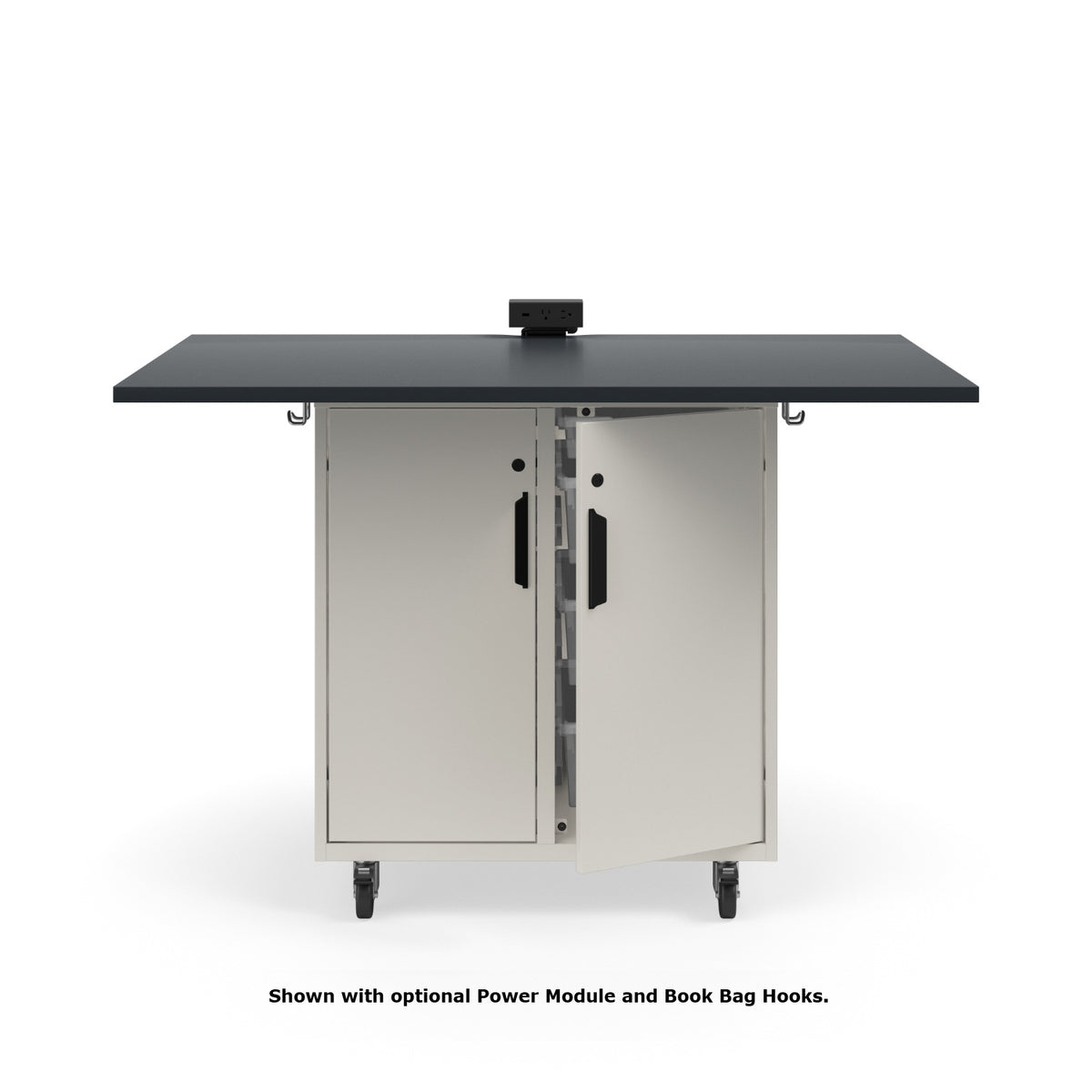 KI Ruckus Mobile Worktable, Single-Faced Tote Storage with Doors, 54" W x 30" D, (6) 6" & (2) 3" Totes, 1" Black Phenolic Resin Top, FREE SHIPPING