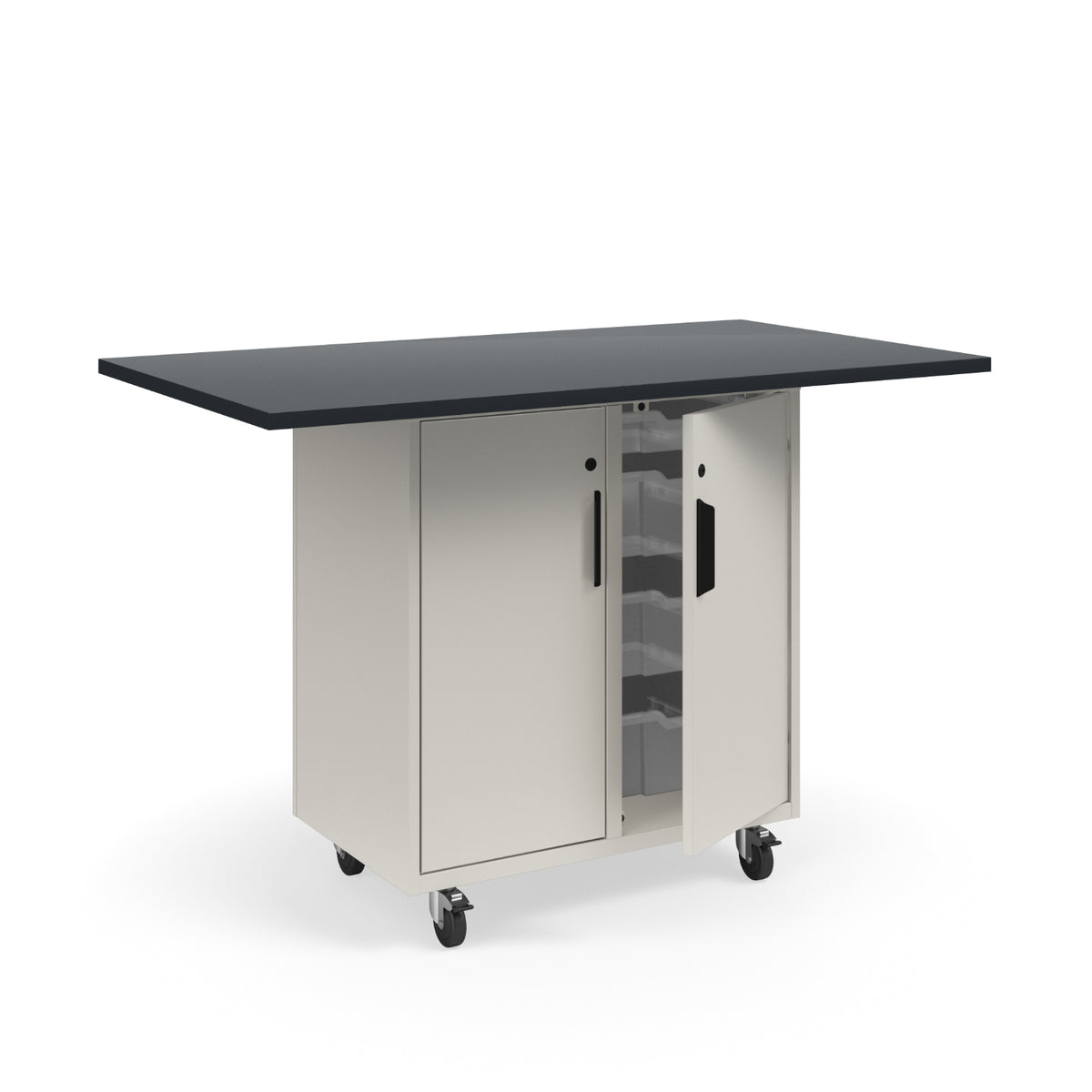 KI Ruckus Mobile Worktable, Single-Faced Tote Storage with Doors, 54" W x 30" D, (6) 6" & (2) 3" Totes, 1" Black Phenolic Resin Top, FREE SHIPPING