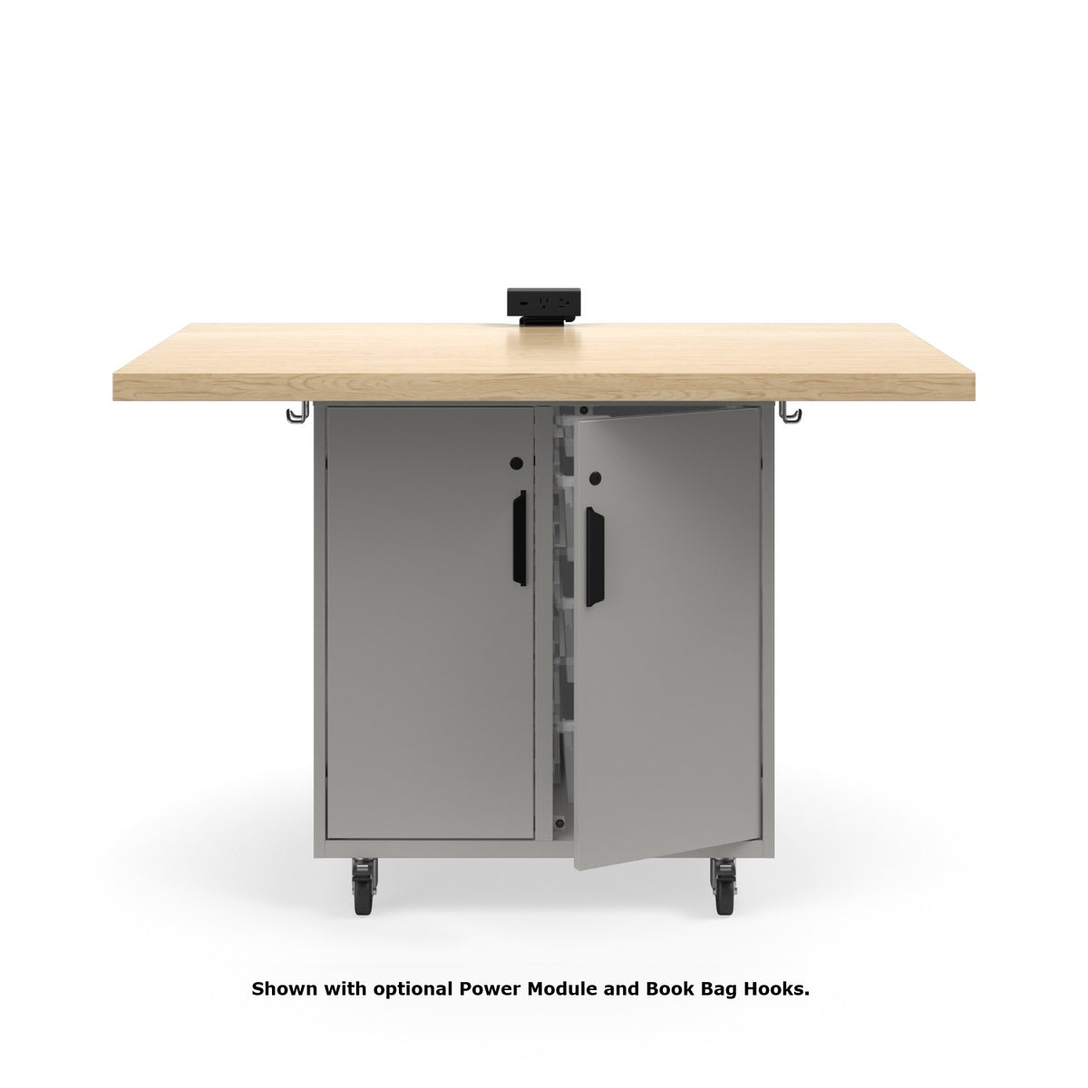 KI Ruckus Mobile Worktable, Single-Faced Tote Storage with Doors, 54" W x 30" D, (6) 6" & (2) 3" Totes, 1-3/4" Maple Butcher Block Wood Top, FREE SHIPPING
