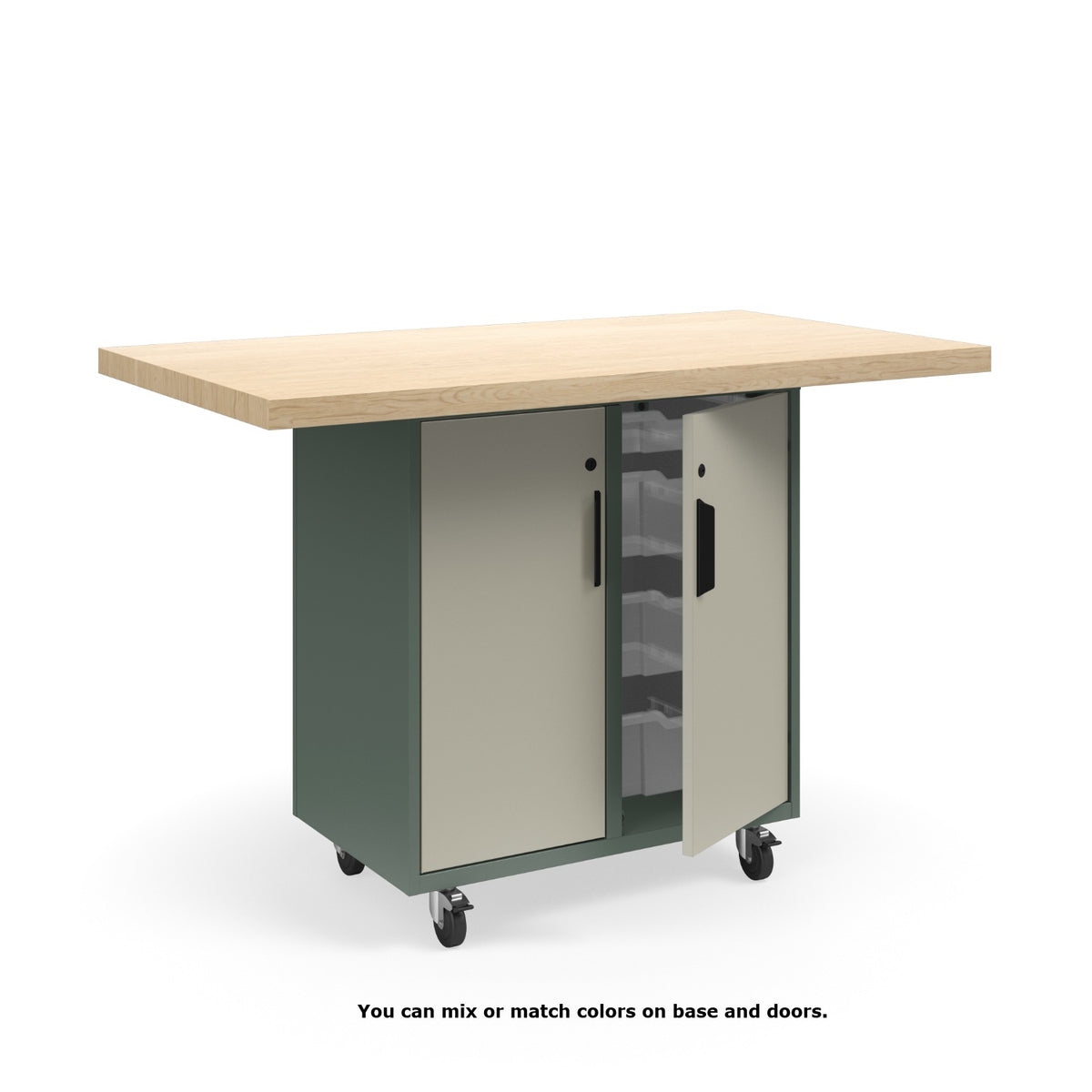 KI Ruckus Mobile Worktable, Single-Faced Tote Storage with Doors, 54" W x 30" D, (6) 6" & (2) 3" Totes, 1-3/4" Maple Butcher Block Wood Top, FREE SHIPPING