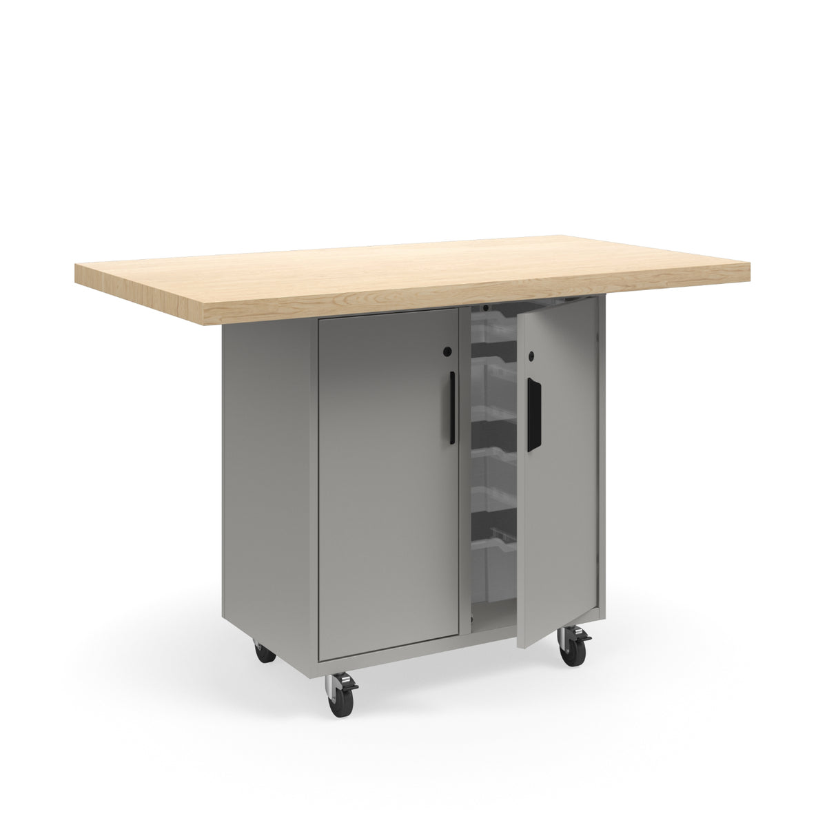 KI Ruckus Mobile Worktable, Single-Faced Tote Storage with Doors, 54" W x 30" D, (6) 6" & (2) 3" Totes, 1-3/4" Maple Butcher Block Wood Top, FREE SHIPPING