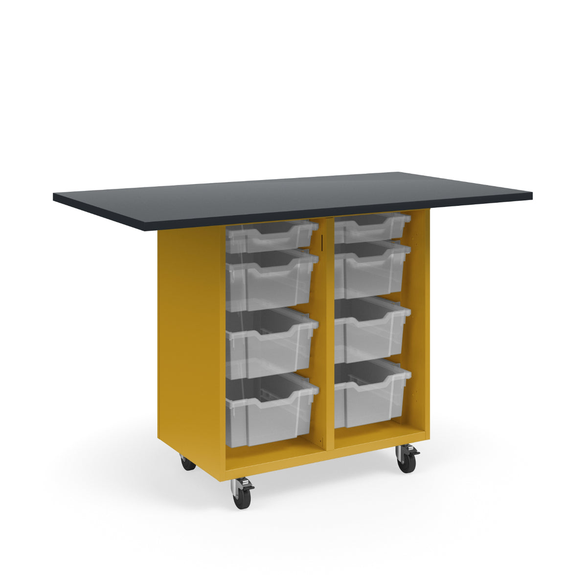 KI Ruckus Mobile Worktable, Single-Faced Open Tote Storage, 54" W x 30" D, (6) 6" & (2) 3" Totes, 1" Black Phenolic Resin Top, FREE SHIPPING