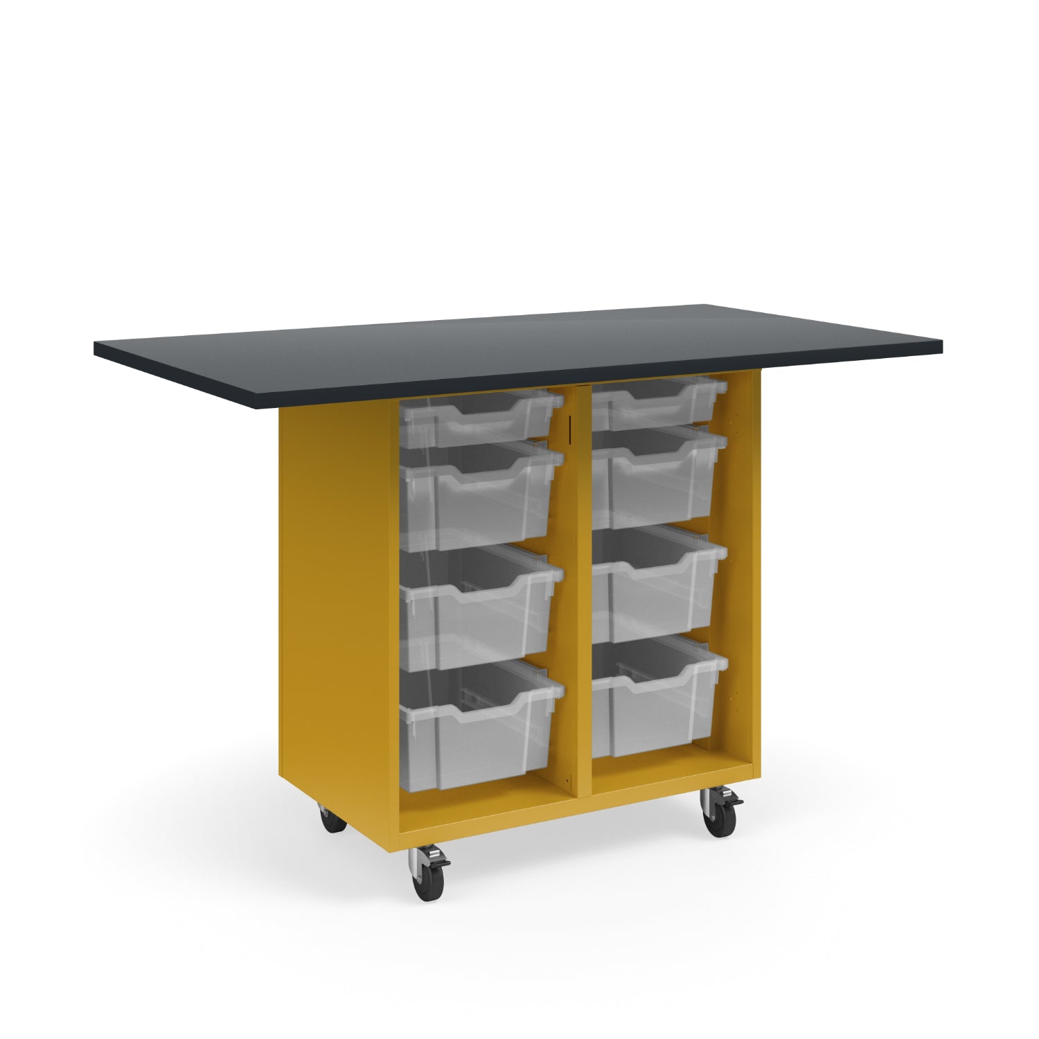 KI Ruckus Mobile Worktable, Single-Faced Open Tote Storage, 54" W x 30" D, (6) 6" & (2) 3" Totes, 1" Black Phenolic Resin Top, FREE SHIPPING