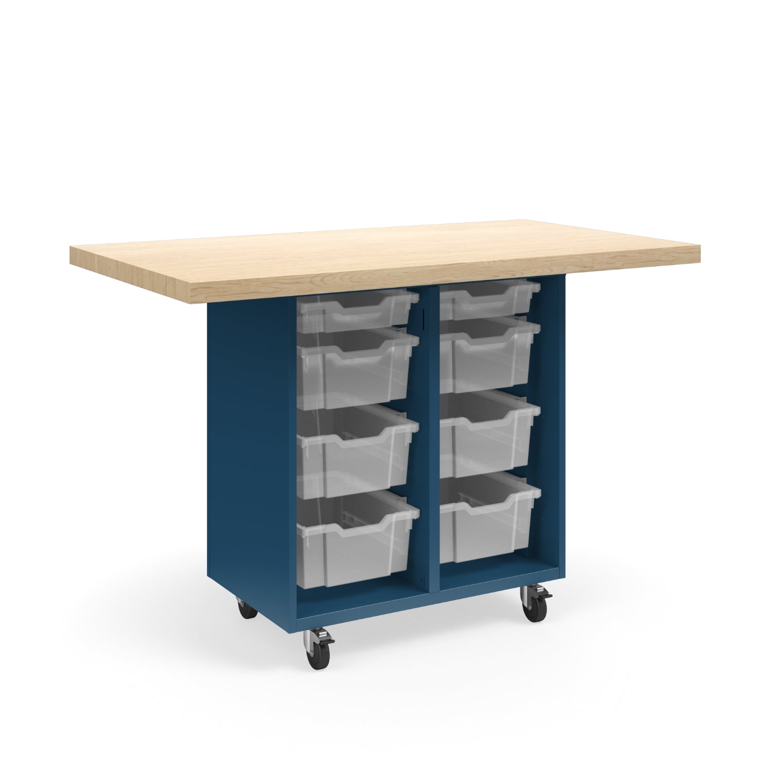 KI Ruckus Mobile Worktable, Single-Faced Open Tote Storage, 54" W x 30" D, (6) 6" & (2) 3" Totes, 1-3/4" Maple Butcher Block Wood Top, FREE SHIPPING