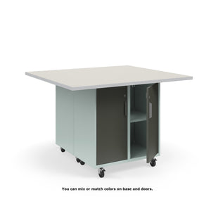 Ruckus Mobile Worktable, Double-Faced 2x2 Cubby Storage with Doors, 54" W x 48" D, 1-1/4" Laminate Top, FREE SHIPPING
