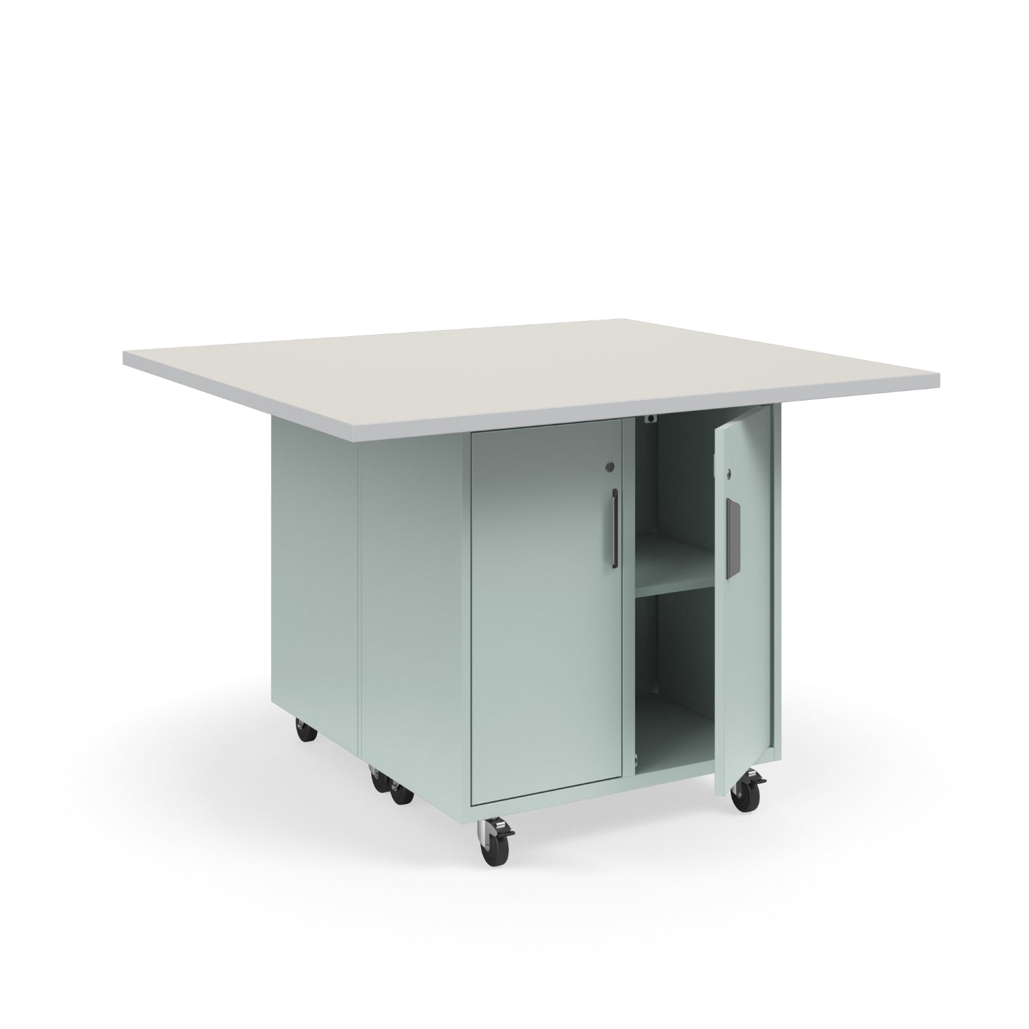 KI Ruckus Mobile Worktable, Double-Faced 2x2 Cubby Storage with Doors, 54" W x 48" D, 1-1/4" Laminate Top, FREE SHIPPING