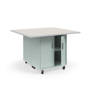 Ruckus Mobile Worktable, Double-Faced 2x2 Cubby Storage with Doors, 54" W x 48" D, 1-1/4" Laminate Top, FREE SHIPPING