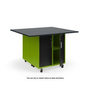 Ruckus Mobile Worktable, Double-Faced 2x2 Cubby Storage with Doors, 54" W x 48" D, 1" Black Phenolic Resin Top, FREE SHIPPING