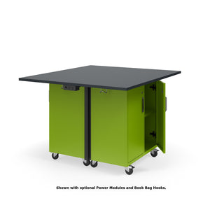 Ruckus Mobile Worktable, Double-Faced 2x2 Cubby Storage with Doors, 54" W x 48" D, 1" Black Phenolic Resin Top, FREE SHIPPING