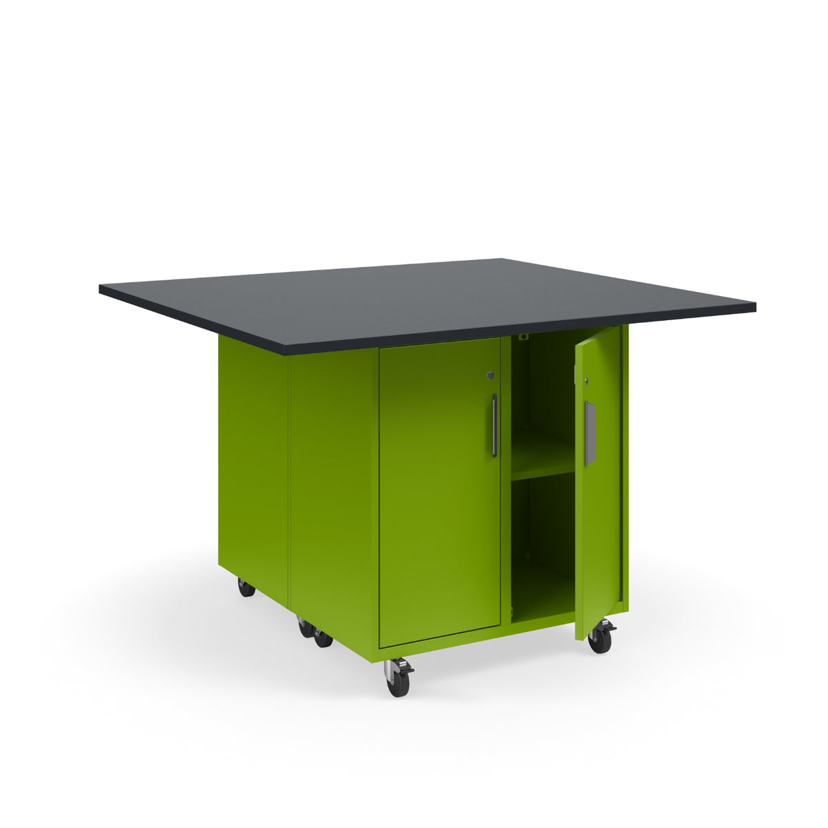 KI Ruckus Mobile Worktable, Double-Faced 2x2 Cubby Storage with Doors, 54" W x 48" D, 1" Black Phenolic Resin Top, FREE SHIPPING