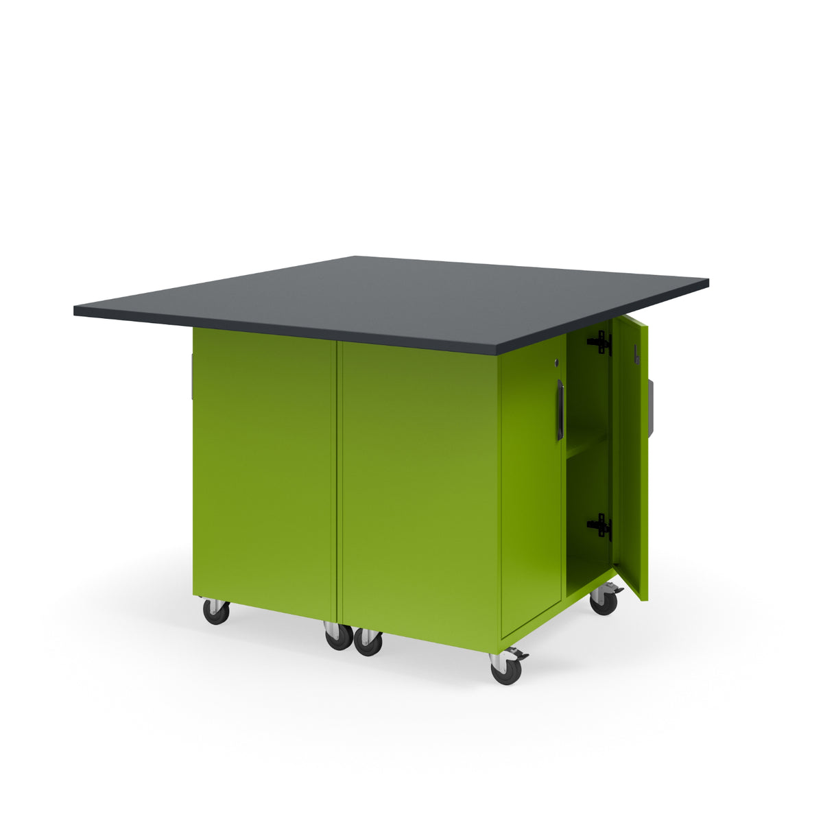 KI Ruckus Mobile Worktable, Double-Faced 2x2 Cubby Storage with Doors, 54" W x 48" D, 1" Black Phenolic Resin Top, FREE SHIPPING