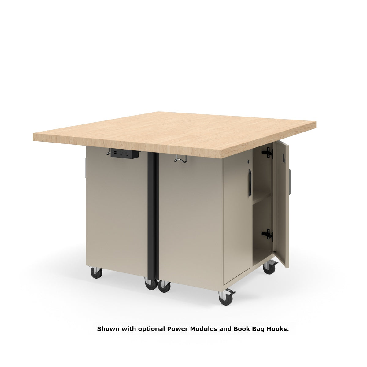 KI Ruckus Mobile Worktable, Double-Faced 2x2 Cubby Storage with Doors, 54" W x 48" D, 1-3/4" Maple Butcher Block Wood Top, FREE SHIPPING