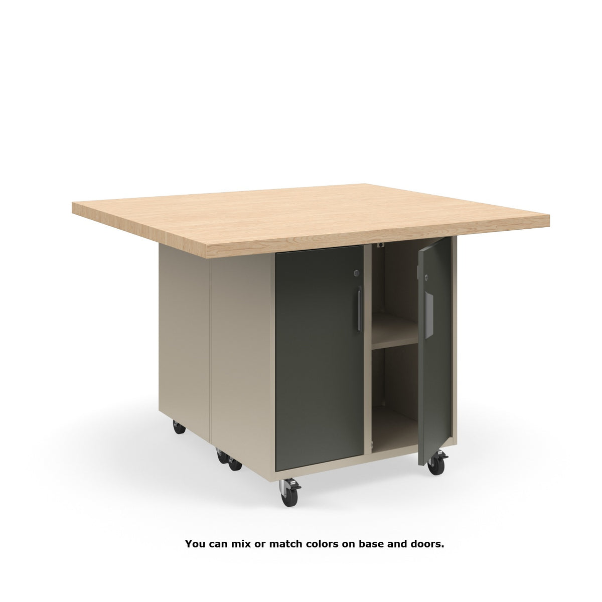 KI Ruckus Mobile Worktable, Double-Faced 2x2 Cubby Storage with Doors, 54" W x 48" D, 1-3/4" Maple Butcher Block Wood Top, FREE SHIPPING